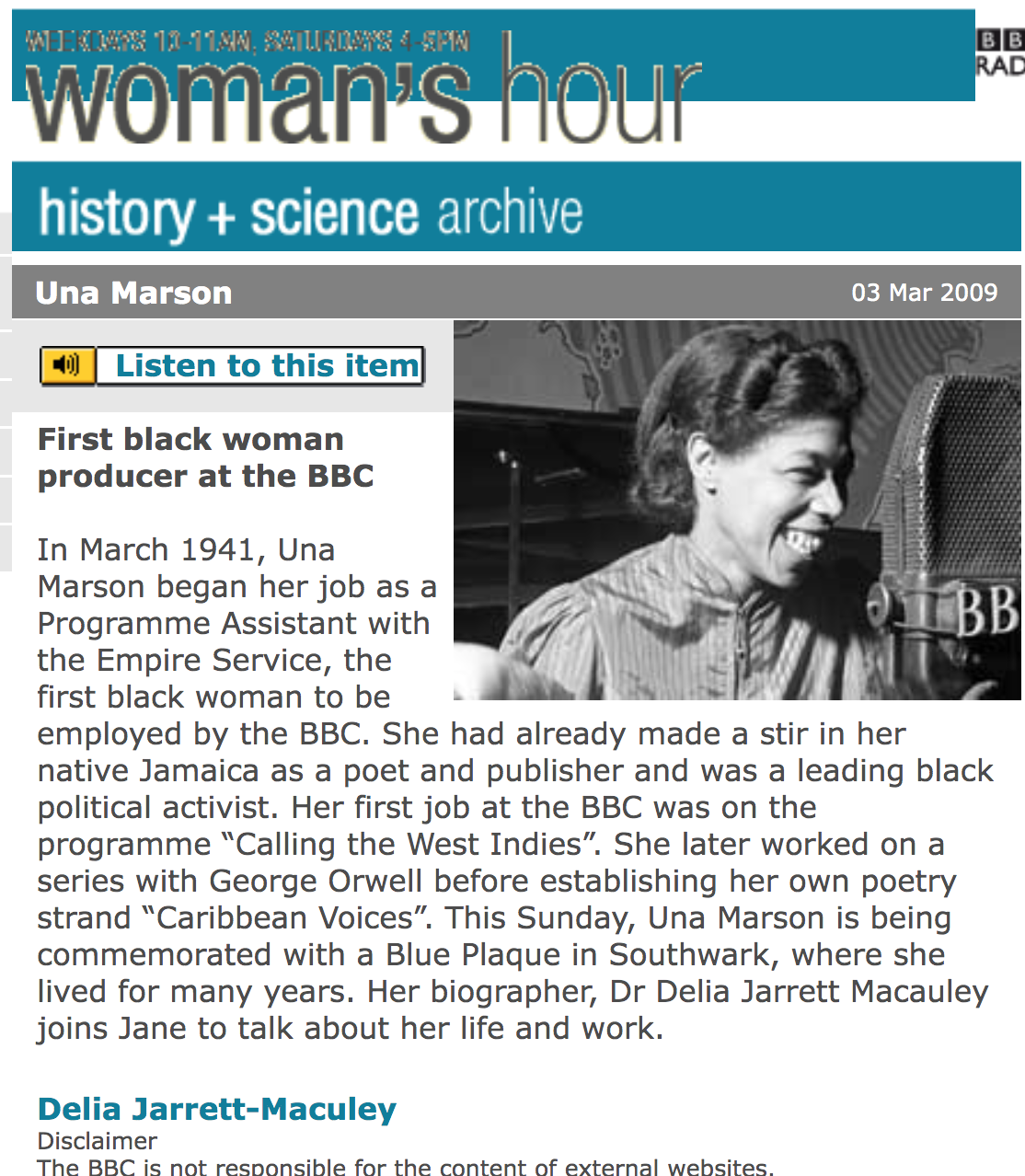 BBC woman's hour, Delia Jarrett-Macauley speaking on Una Marson